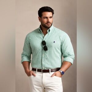 Ralph Lauren Classic Fit Green White Check Button-Down Shirt Men’s Size 18 34-35